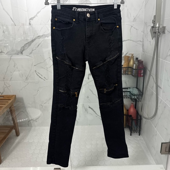 Argonaut Nation Black Moto Distressed Skinny Jeans - Size 32x32 Streetwear Gold - Picture 2 of 6